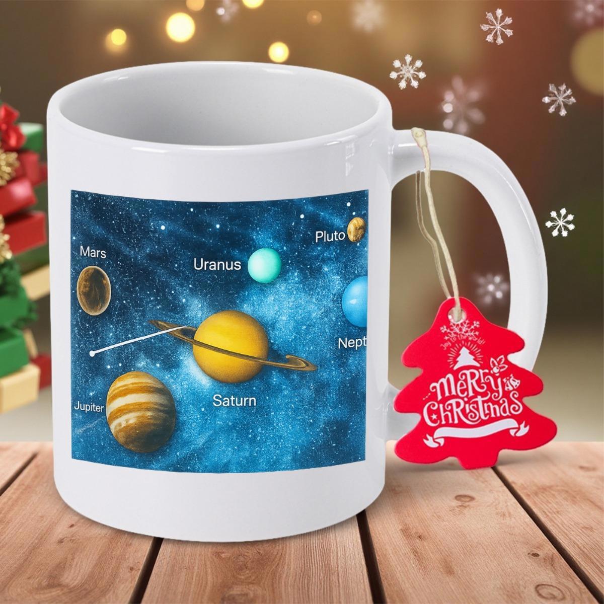 Tailorly White Ceramic 11 oz Mug - Saturn Jupiter Uranus Pluto Mars Neptune Various Planets Floating Within A Deep Blue Celestial Nebula Galaxy