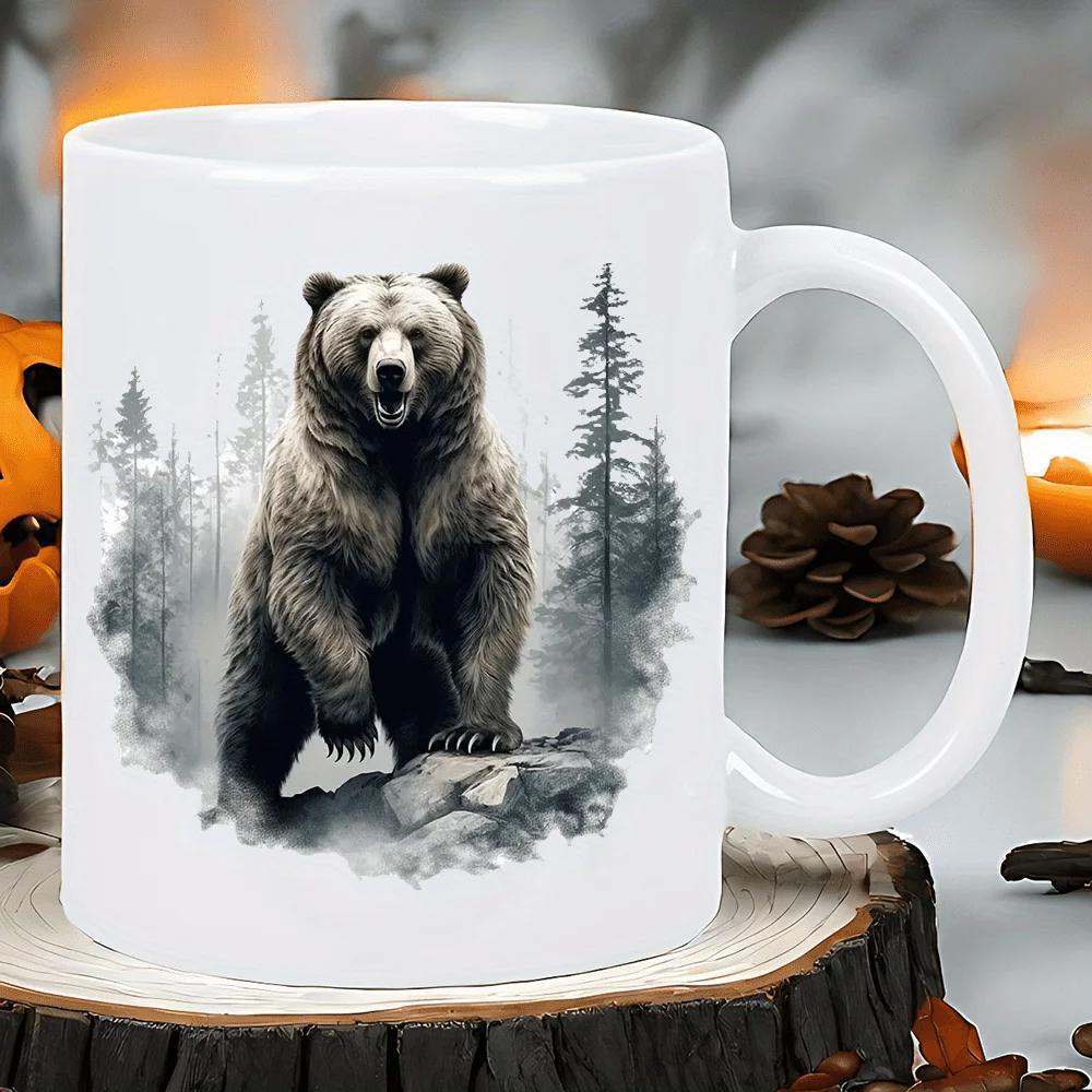 Tailorly White Ceramic 11 oz Mug - Powerful Realistic Grizzly Standing On Rocks Among Misty Pine Forest Trees Bear