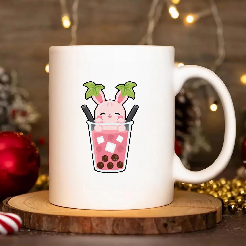 Tailorly White Ceramic 11 oz Mug - Adorable Pink Bunny Sitting Inside Sweet Cold Refreshing Boba Tea Drink