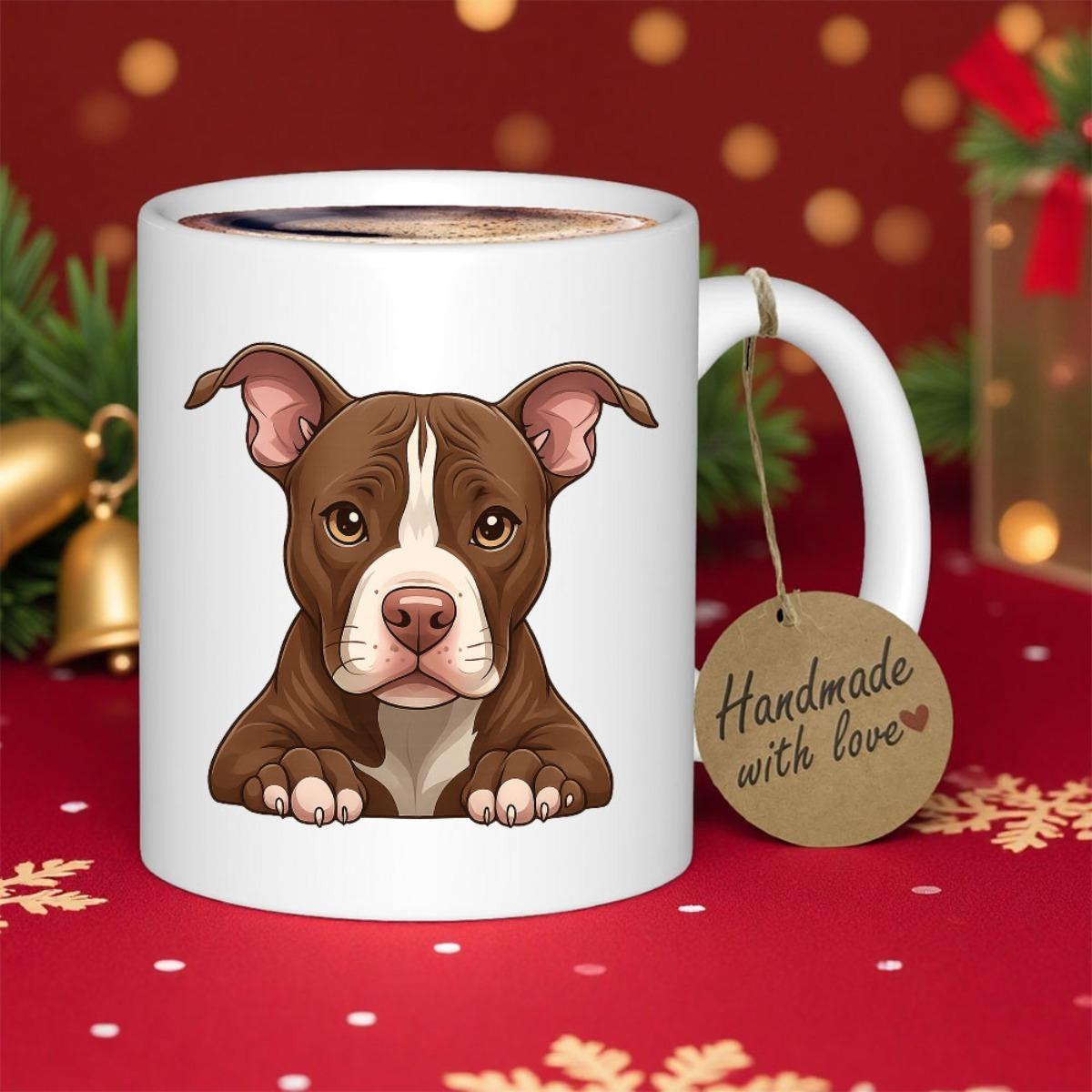 Tailorly White Ceramic 11 oz Mug - Handmade With Love Adorable Brown And White Puppy Peeking Over Surface Pitbull