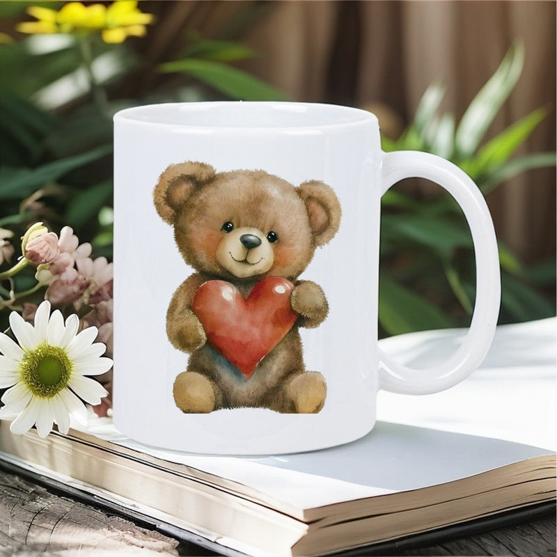 Tailorly White Ceramic 11 oz Mug - Adorable Watercolor Style Sitting Teddy Bear Holding A Large Red Heart Bear