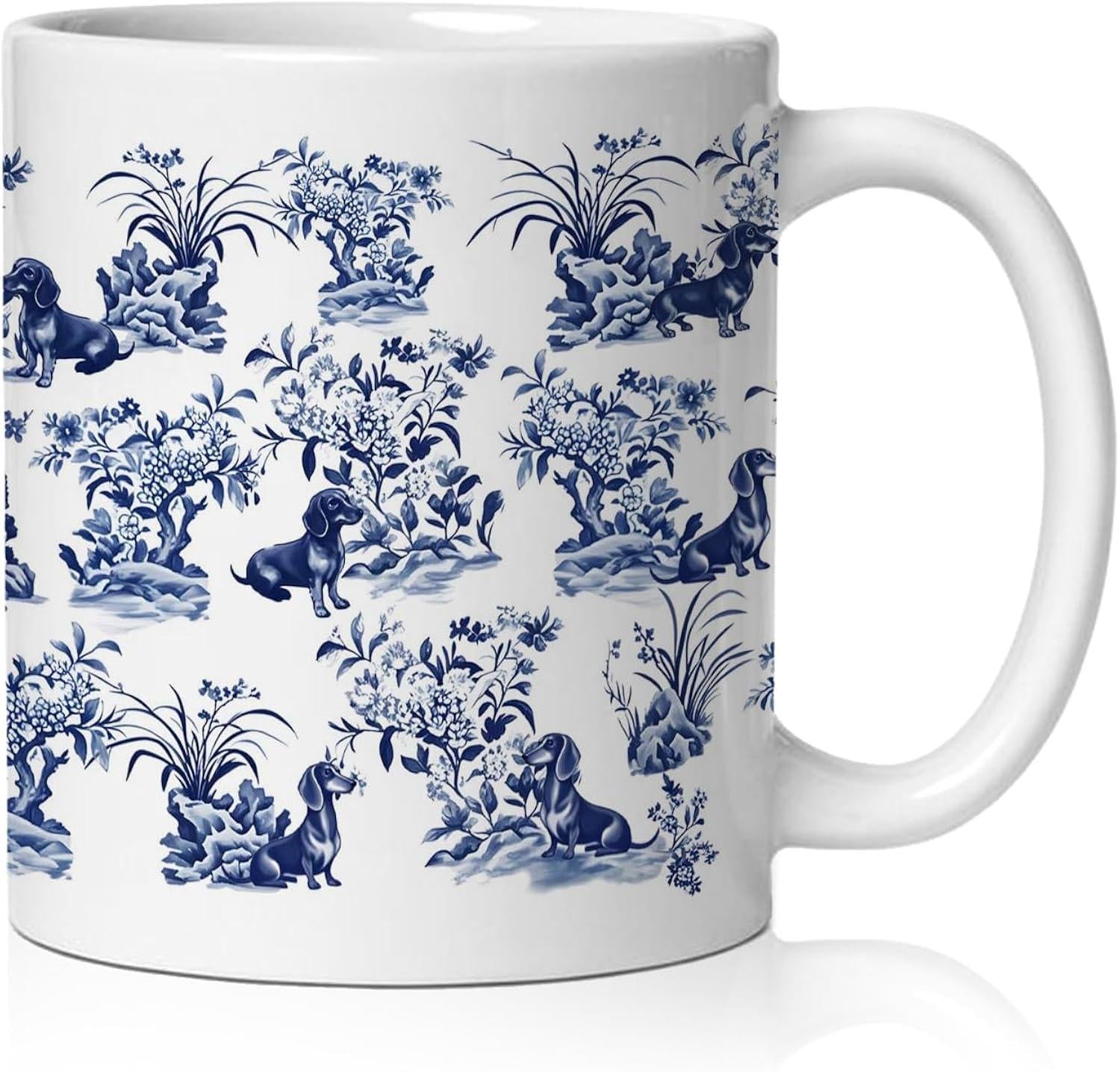 Tailorly White Ceramic 11 oz Mug - Classic Blue Floral Toile Pattern With Elegant Sitting Dachshund Mug