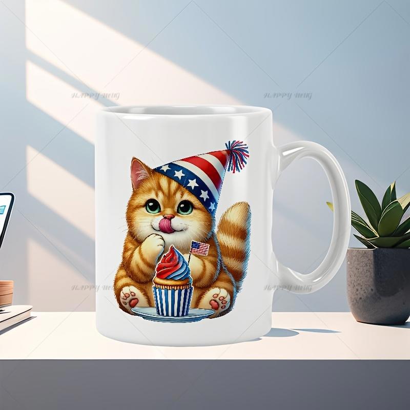 Tailorly White Ceramic 11 oz Mug - Adorable Ginger Cat Wearing Patriotic Hat Eating Festive Cupcake Treat Cat