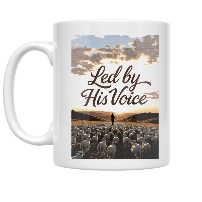 Tailorly White Ceramic 11 oz Mug - Led By His Voice Peaceful Shepherd Walking Among A Large Flock Of White Sheep In Fields Shepherd
