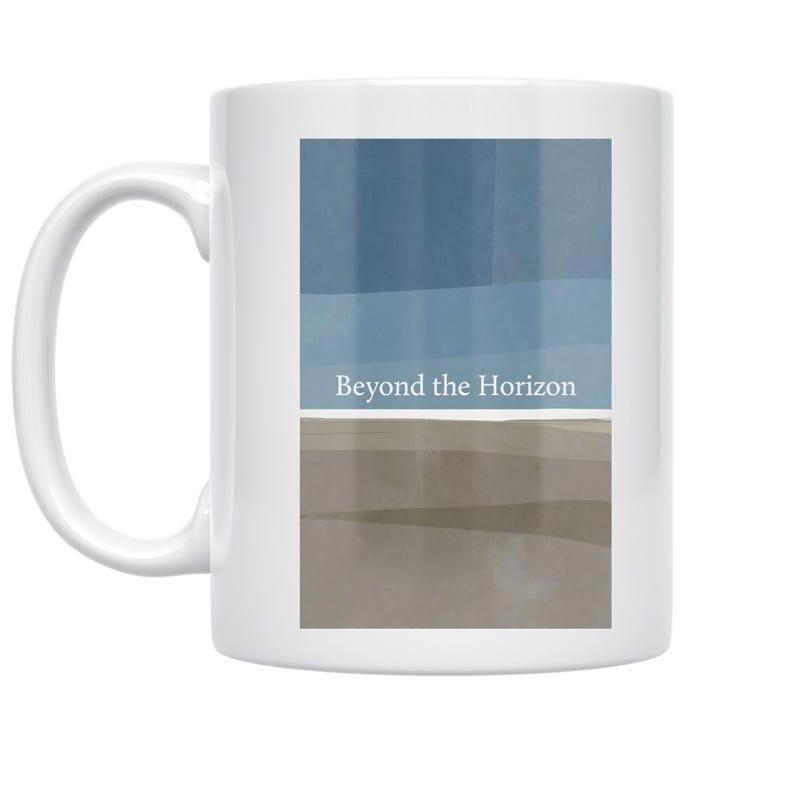 Tailorly White Ceramic 11 oz Mug - Beyond The Horizon Abstract Minimalist Calm Blue Tones Above Sandy Coastal Tones Landscape