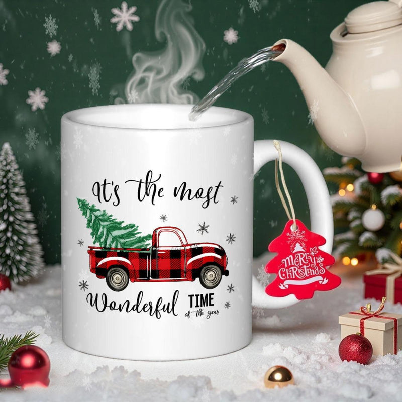 Tailorly White Ceramic 11 oz Mug - Its The Most Wonderful Time Of The Year Vintage Red Plaid Pattern Carrying Green Pine Tree Truck
