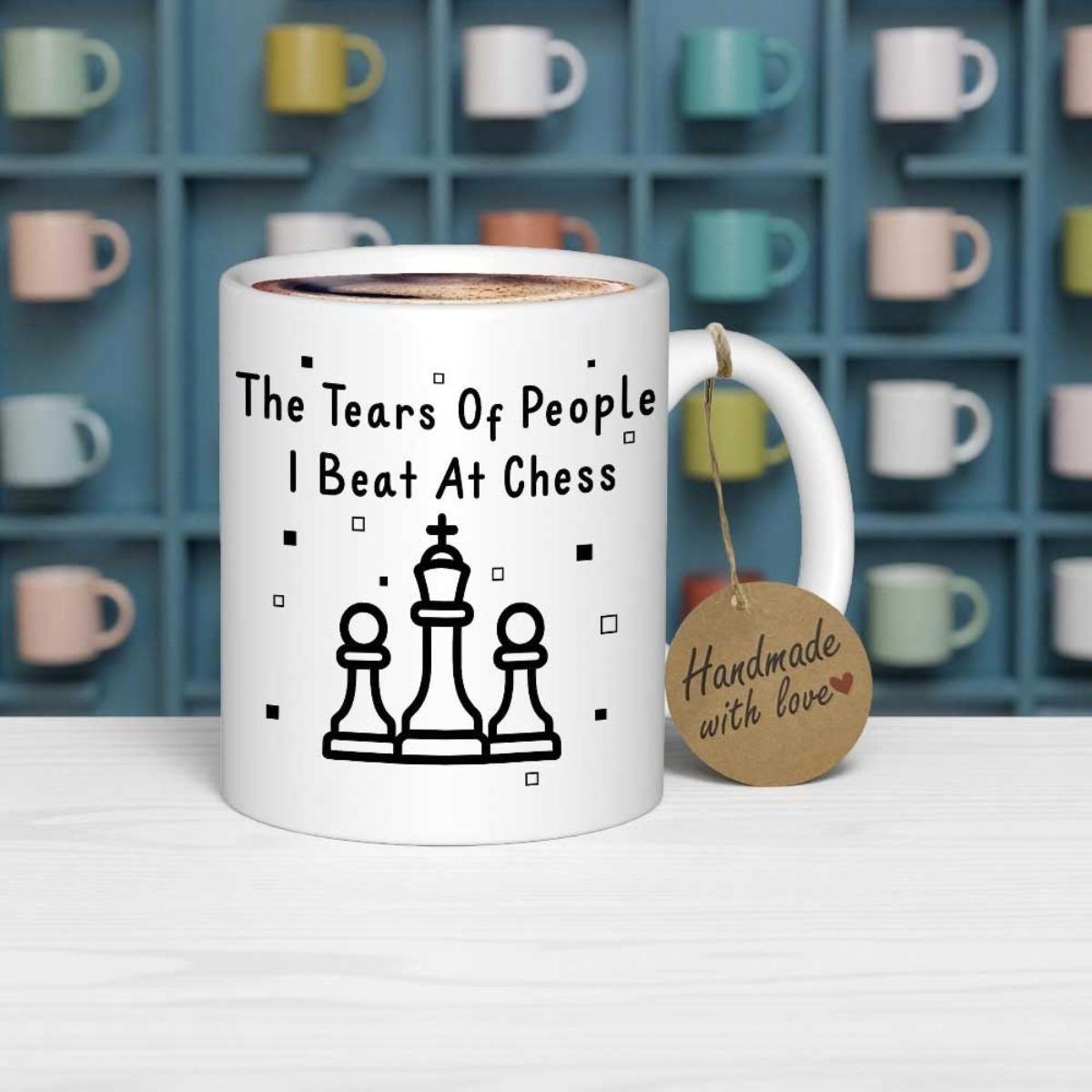 Tailorly White Ceramic 11 oz Mug - The Tears Of People I Beat At Chess Minimalist Outline Icons Of King And Pawns Standing Together Chess