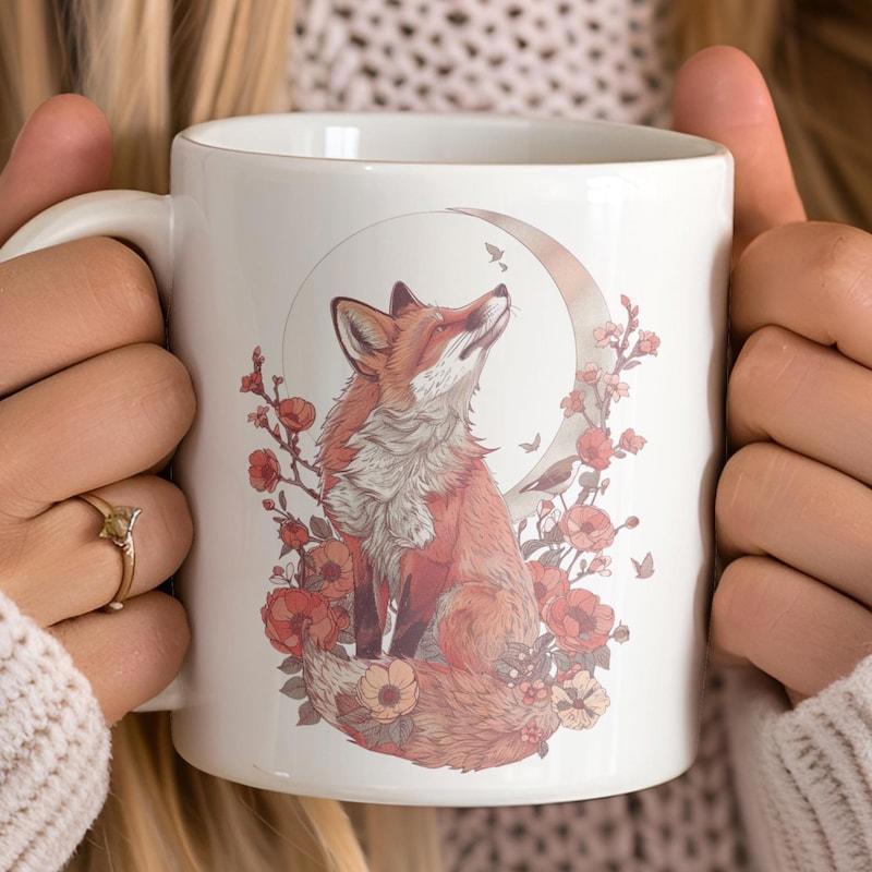 Tailorly White Ceramic 11 oz Mug - Watercolor Red Fox Sitting Among Delicate Pink Blossoms Under Crescent Moon Fox