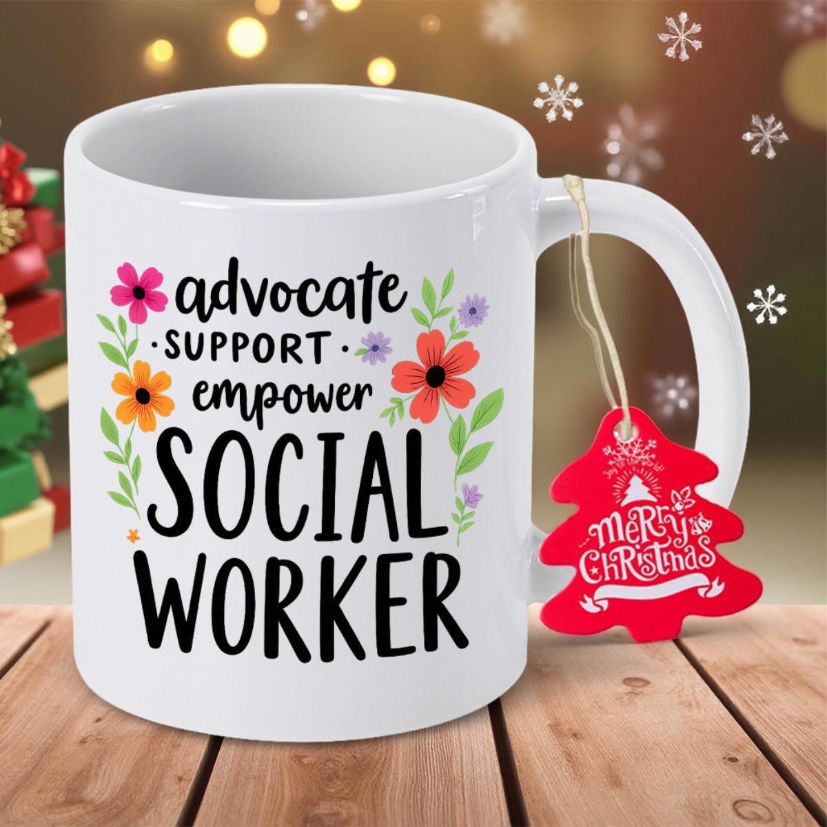 Tailorly White Ceramic 11 oz Mug - Advocate Support Empower Social Worker Colorful Blossoming Floral Petals With Vibrant Green Leaves Decorative Design Mug