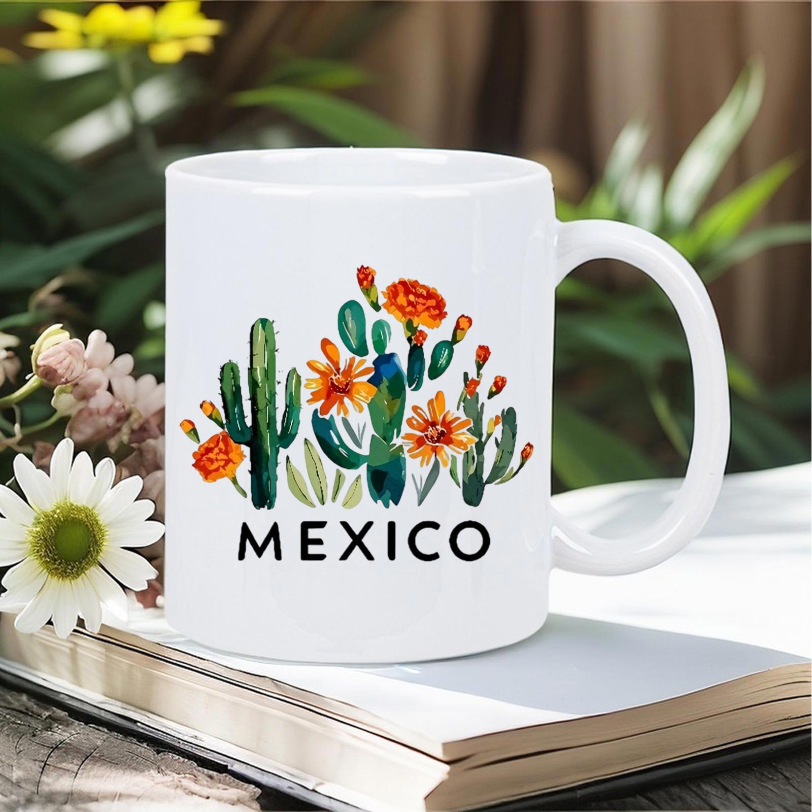 Tailorly White Ceramic 11 oz Mug - Mexico Vibrant Green Botanical Plants With Blooming Orange Flowers Cactus