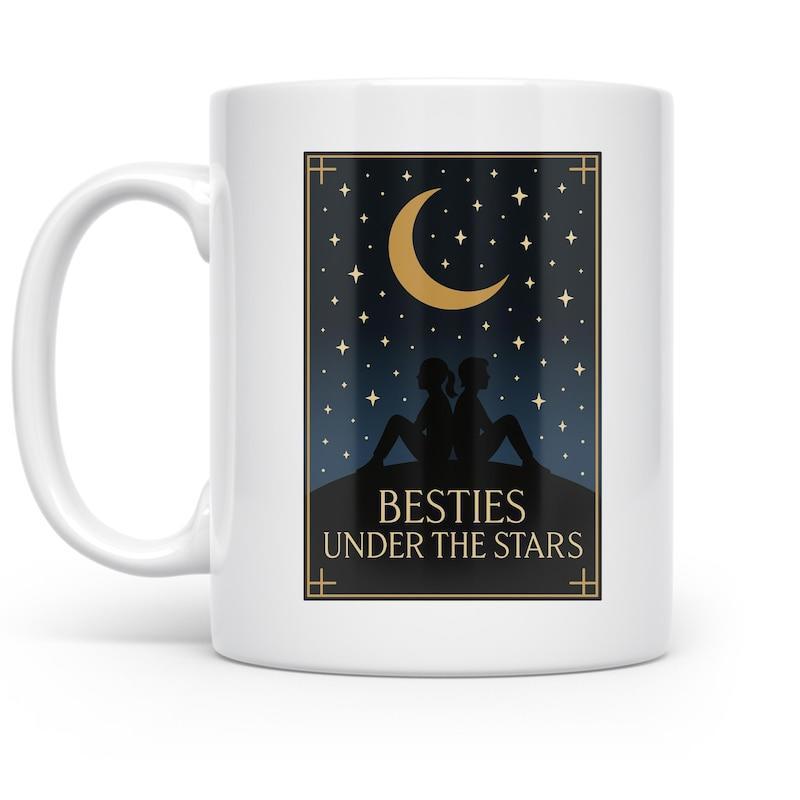 Tailorly White Ceramic 11 oz Mug - Besties Under The Stars Silhouette Friends Sitting Together Under A Glowing Golden Crescent Moon