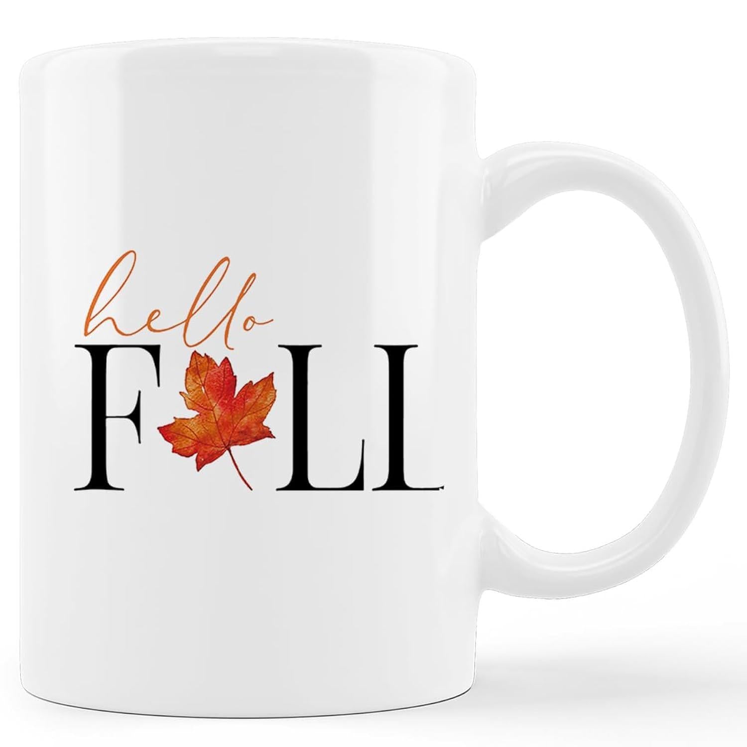 Tailorly White Ceramic 11 oz Mug - Hello Fall Vibrant Orange Maple Leaf Set Against Crisp White Background Leaf