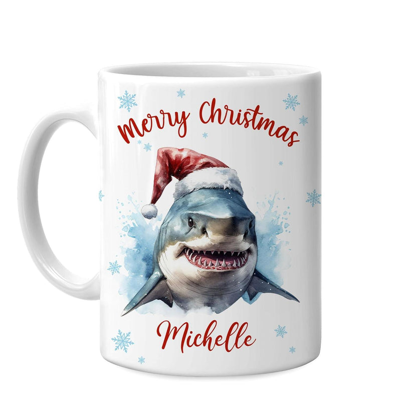 Tailorly White Ceramic 11 oz Mug - Merry Christmas Michelle Festive Marine Predator Wearing A Red Santa Hat Among Blue Snowflakes Shark