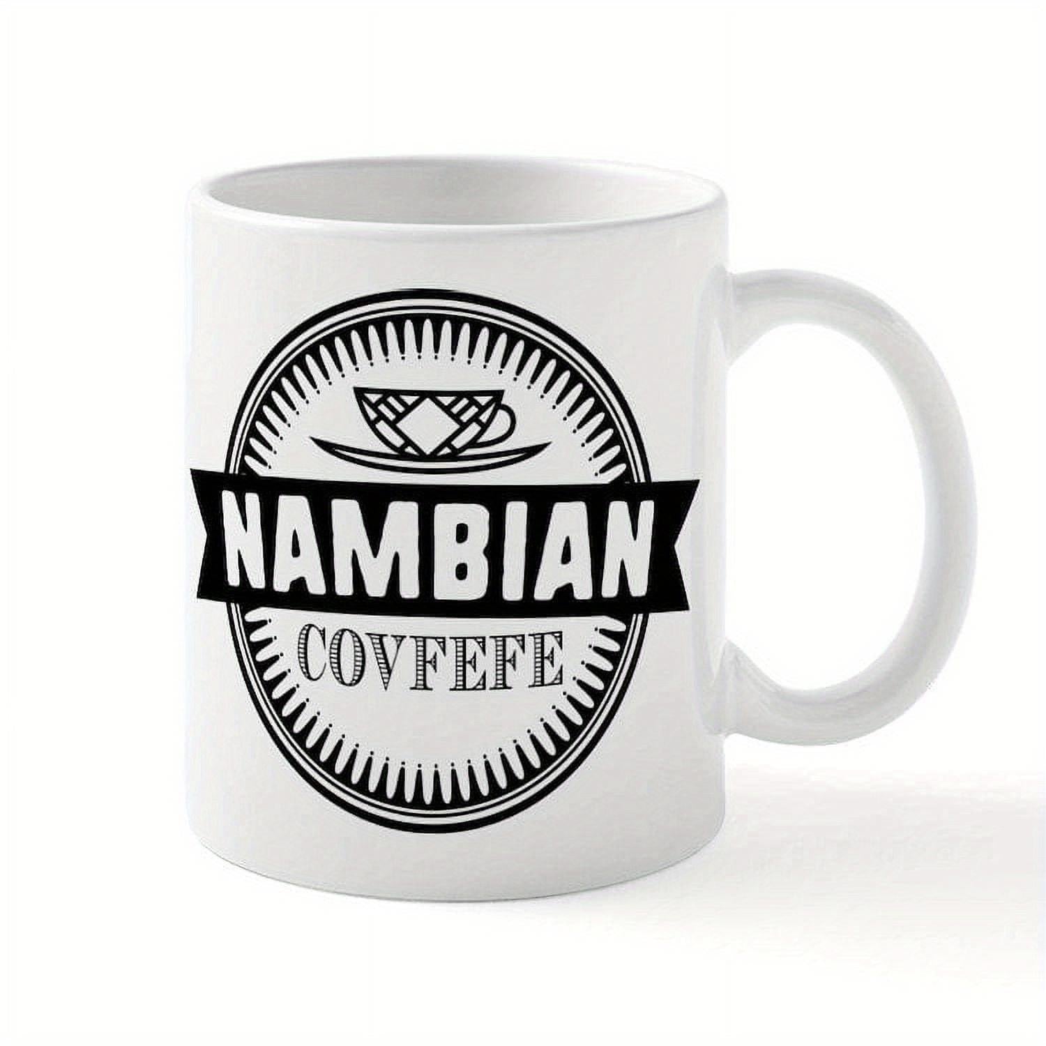 Tailorly White Ceramic 11 oz Mug - Nambian Covfefe Circular Badge Embellished With Bold Sunburst Lines And Stylized Steaming Cup