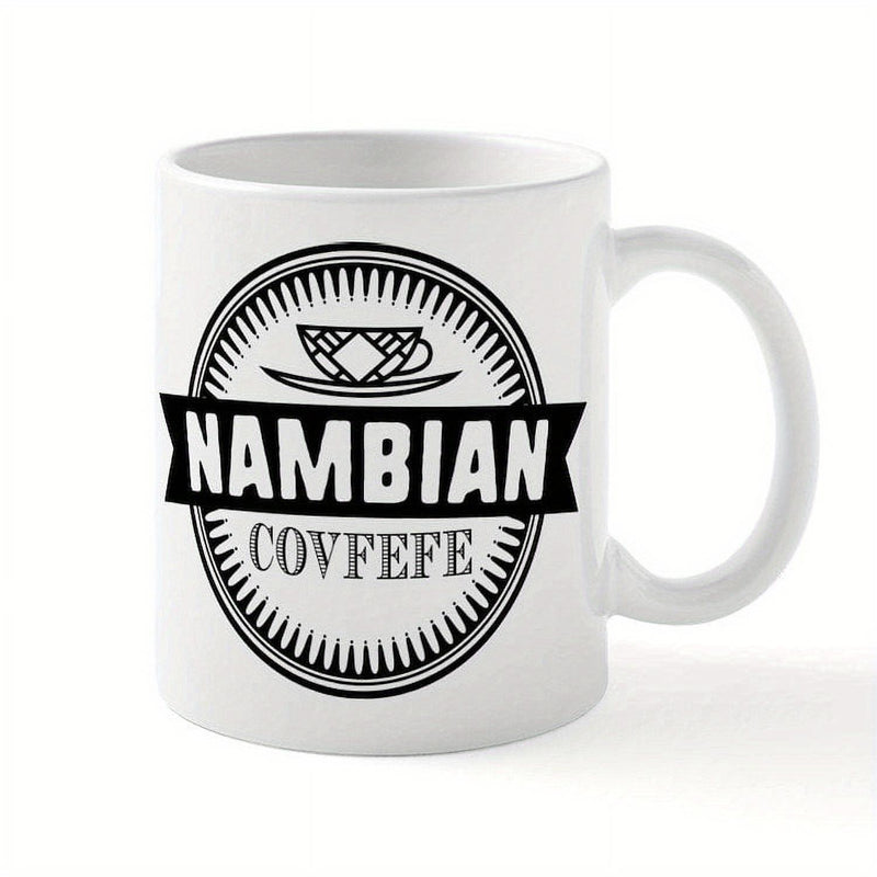 Tailorly White Ceramic 11 oz Mug - Nambian Covfefe Circular Badge Embellished With Bold Sunburst Lines And Stylized Steaming Cup