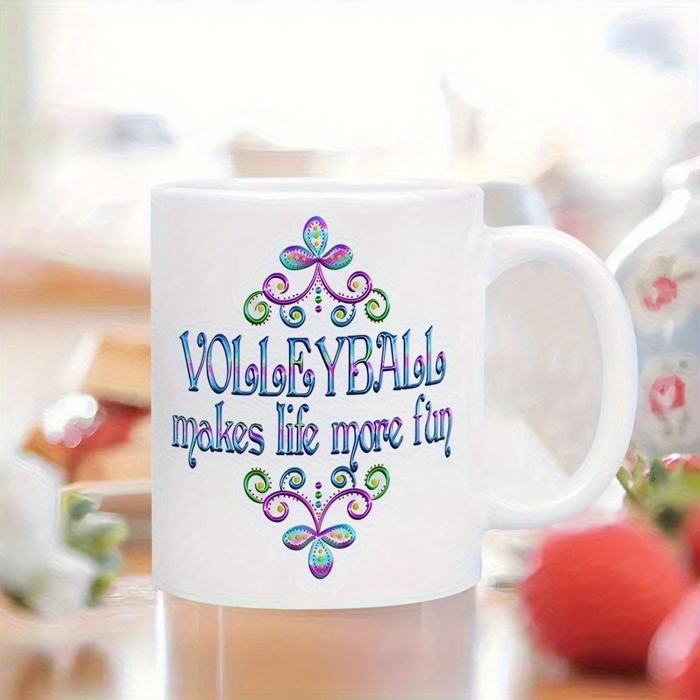 Tailorly White Ceramic 11 oz Mug - Volleyball Makes Life More Fun Elegant Colorful Symmetrical Swirls Framing Inspirational Sports Themed Text Ornament
