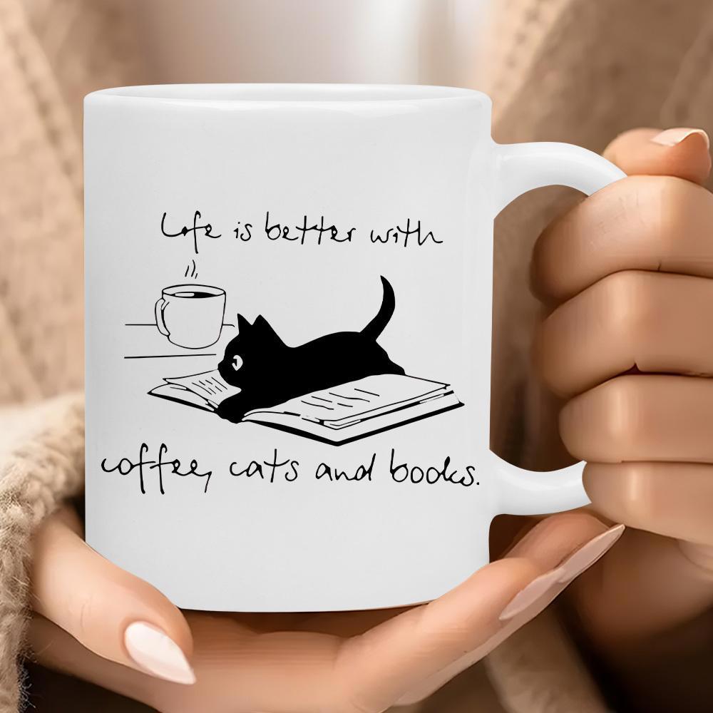 Tailorly White Ceramic 11 oz Mug - Life Is Better With Coffee Cats And Books Minimalist Silhouette Resting On An Open Book Beside Coffee Cat