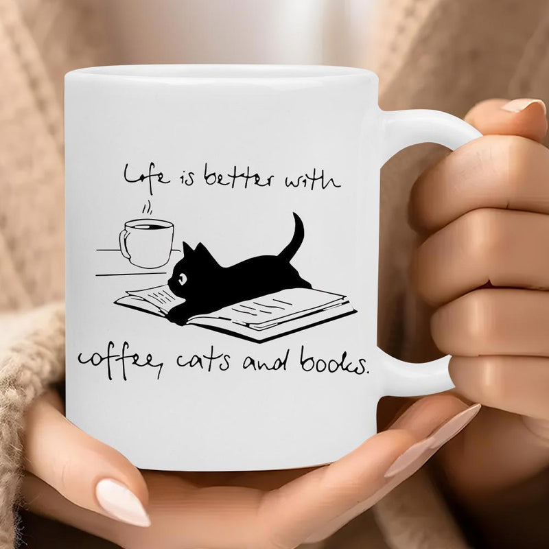 Tailorly White Ceramic 11 oz Mug - Life Is Better With Coffee Cats And Books Minimalist Silhouette Resting On An Open Book Beside Coffee Cat
