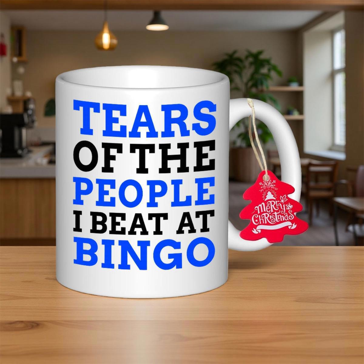 Tailorly White Ceramic 11 oz Mug - Tears Of The People I Beat At Bingo Minimalist White Ceramic Vessel Featuring Bold Blue And Black Block Typography Mug