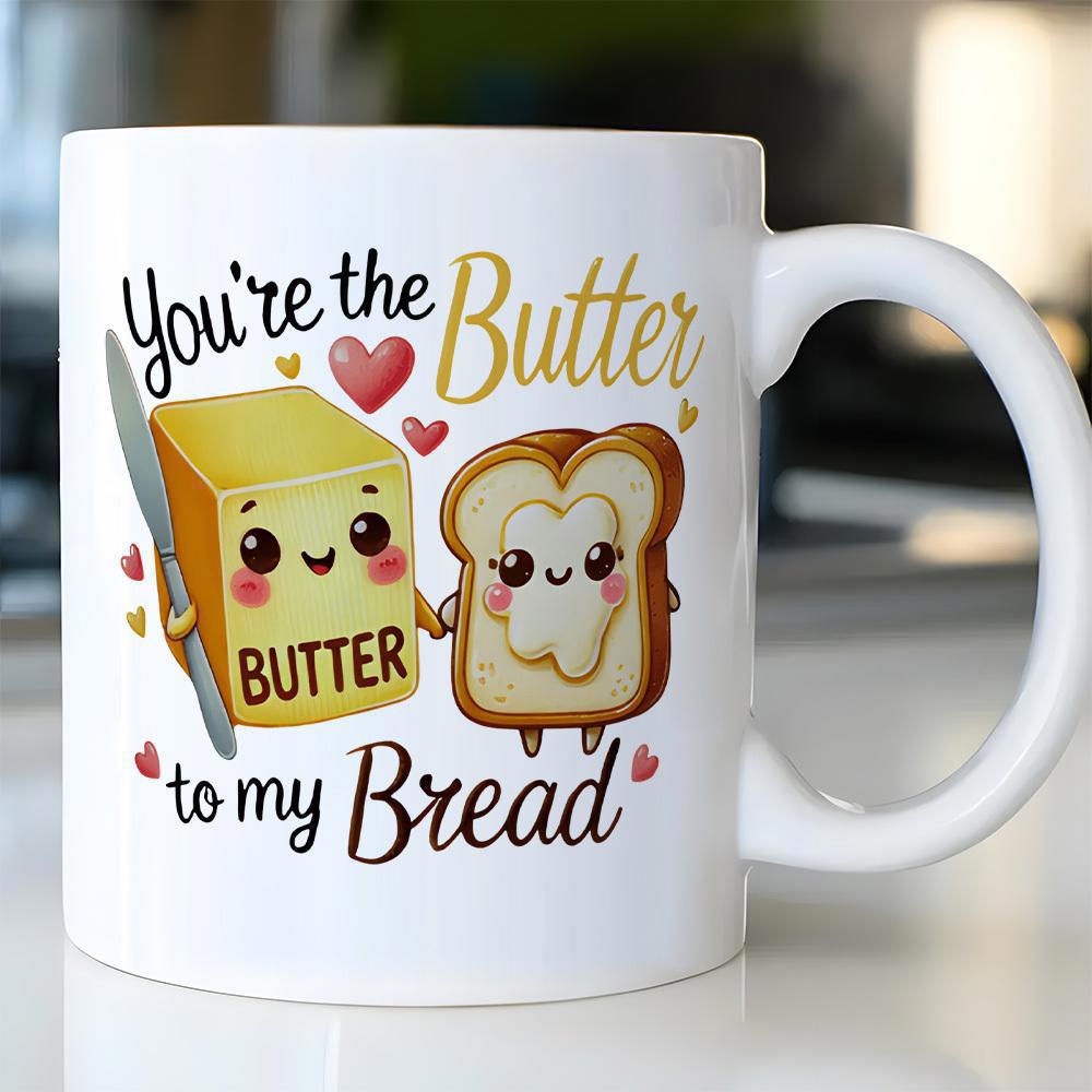 Tailorly White Ceramic 11 oz Mug - Youre The Butter To My Bread Cute Kawaii Butter And Toast Holding Hands Surrounded By Hearts Bread