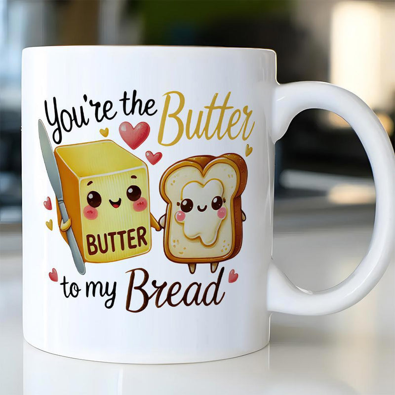Tailorly White Ceramic 11 oz Mug - Youre The Butter To My Bread Cute Kawaii Butter And Toast Holding Hands Surrounded By Hearts Bread