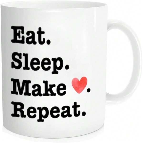 Tailorly White Ceramic 11 oz Mug - Eat Sleep Make Repeat Simple Red Heart Placed Between Bold Black Typography On Polished Surface Mug