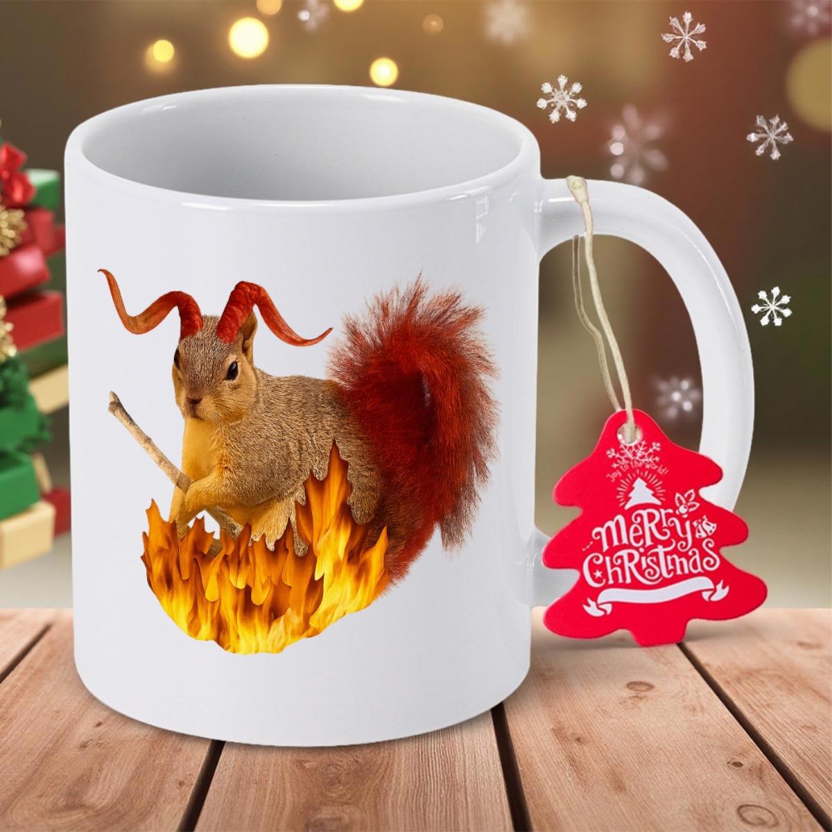 Tailorly White Ceramic 11 oz Mug - Merry Christmas Evil Squirrel With Horns Sitting Inside Raging Orange Burning Flames Squirrel