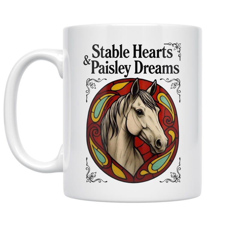 Tailorly White Ceramic 11 oz Mug - Stable Hearts Paisley Dreams Majestic Stallion Head Within Detailed Colorful Circular Ornamental Paisley Pattern Horse