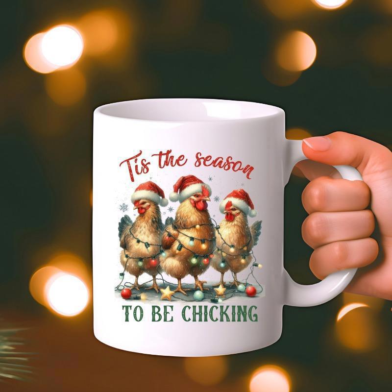 Tailorly White Ceramic 11 oz Mug - Tis The Season To Be Chicking Three Festive Hens Wearing Red Santa Hats And Glowing Christmas Lights Chicken