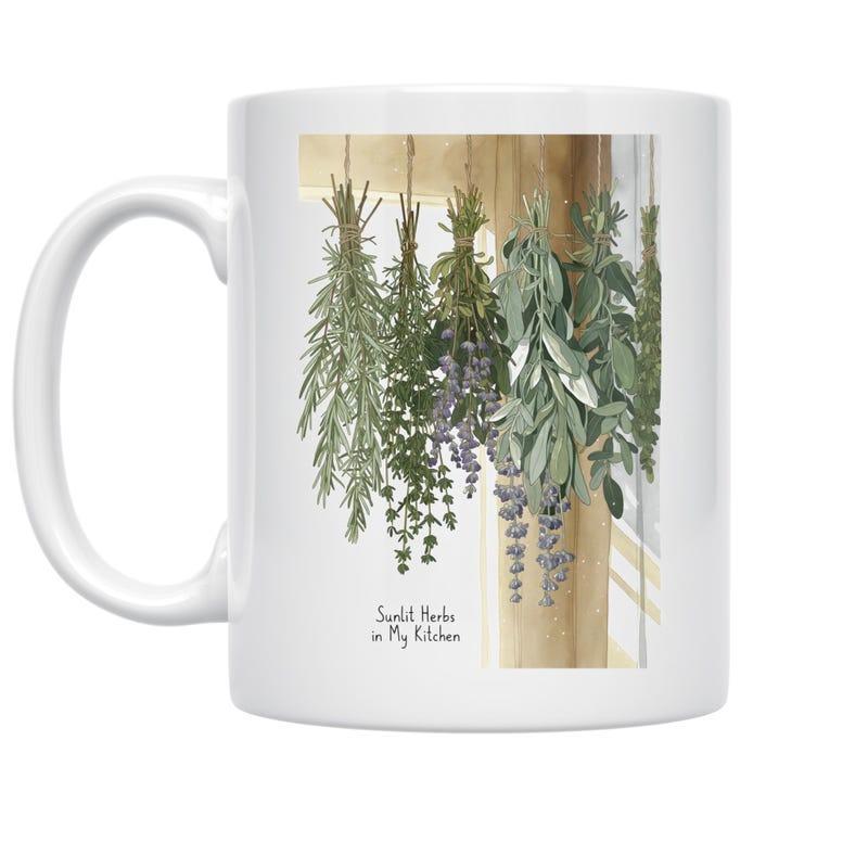 Tailorly White Ceramic 11 oz Mug - Dried Herbs In My Kitchen Rustic Hanging Bundles Of Rosemary Lavender And Sage Inside Kitchen Herbs