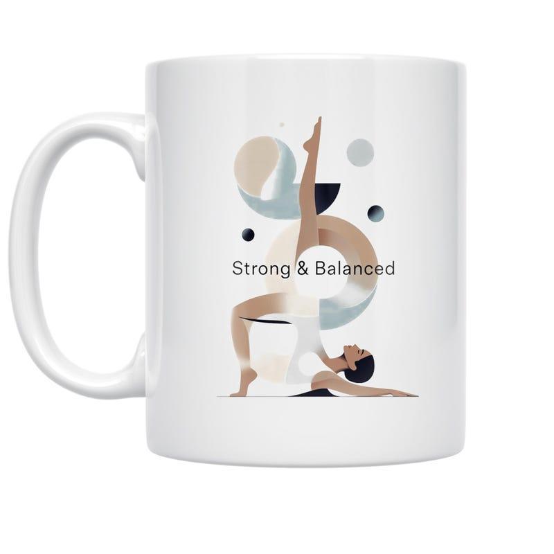 Tailorly White Ceramic 11 oz Mug - Strong Balanced Abstract Minimalist Yoga Pose Among Geometric Circles And Artistic Organic Shapes Woman