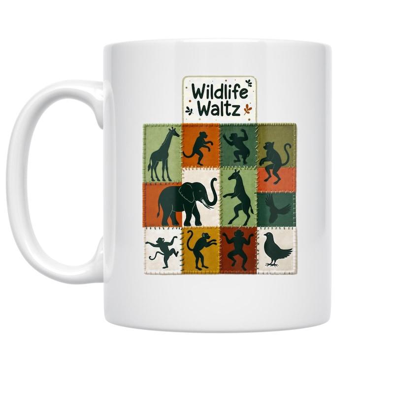 Tailorly White Ceramic 11 oz Mug - Wildlife Waltz Minimalist Silhouettes Displaying Majestic Jungle Creatures In Earthy Toned Grid Animal