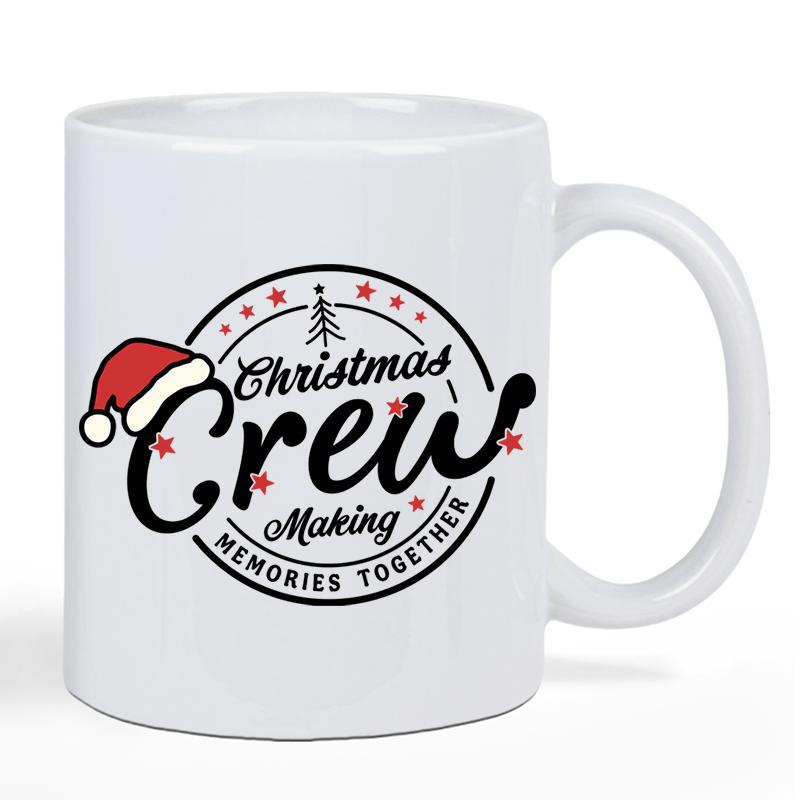 Tailorly White Ceramic 11 oz Mug - Christmas Crew Making Memories Together Festive Circular Badge Decorated With Santa Hat And Tiny Red Stars Badge