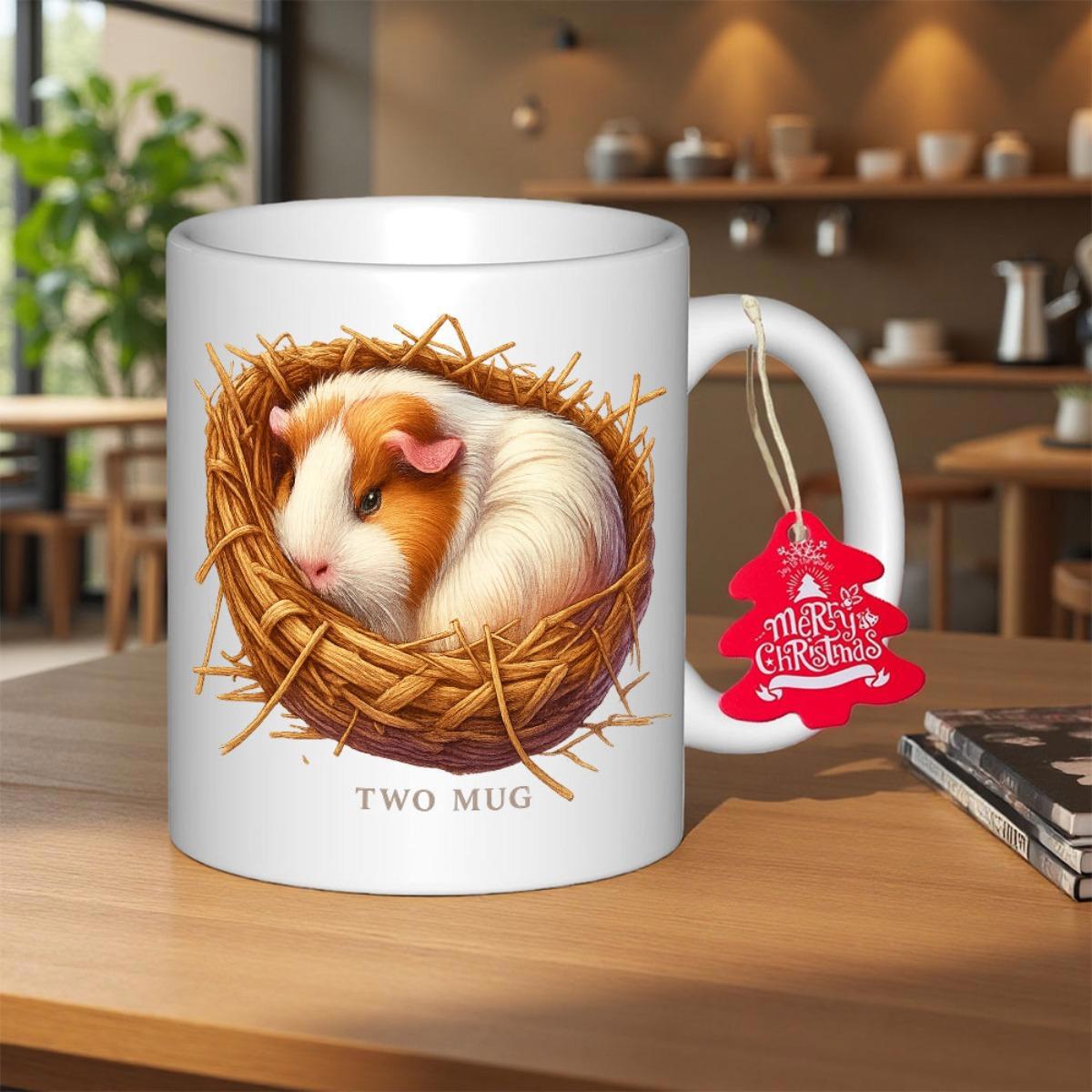 Tailorly White Ceramic 11 oz Mug - Two Mug Fluffy Rodent Resting Inside A Cozy Woven Hay Nest Guinea Pig