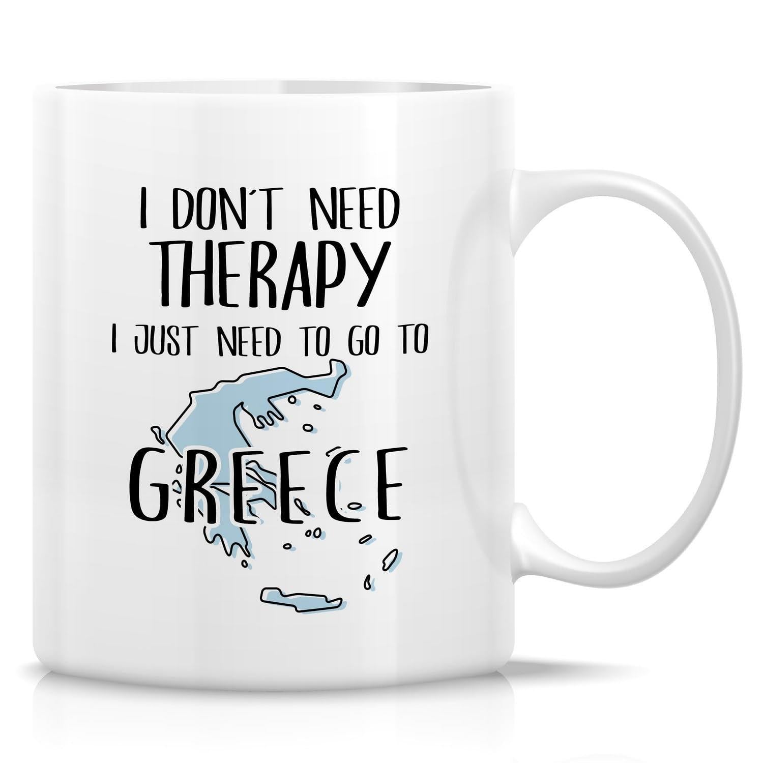 Tailorly White Ceramic 11 oz Mug - I Don't Need Therapy I Just Need To Go To Greece Minimalist Light Blue Map Silhouette Featuring Aegean Islands And Country