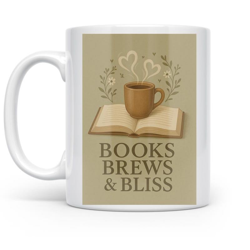 Tailorly White Ceramic 11 oz Mug - Books Brews Bliss Cozy Open Book Featuring Steaming Coffee And Heart Shaped Vapor Mug