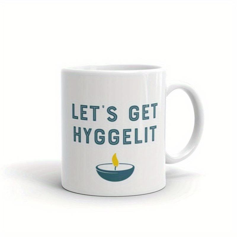 Tailorly White Ceramic 11 oz Mug - Lets Get Hyggelit Minimalist Teal Bowl With A Glowing Yellow Flame Candle
