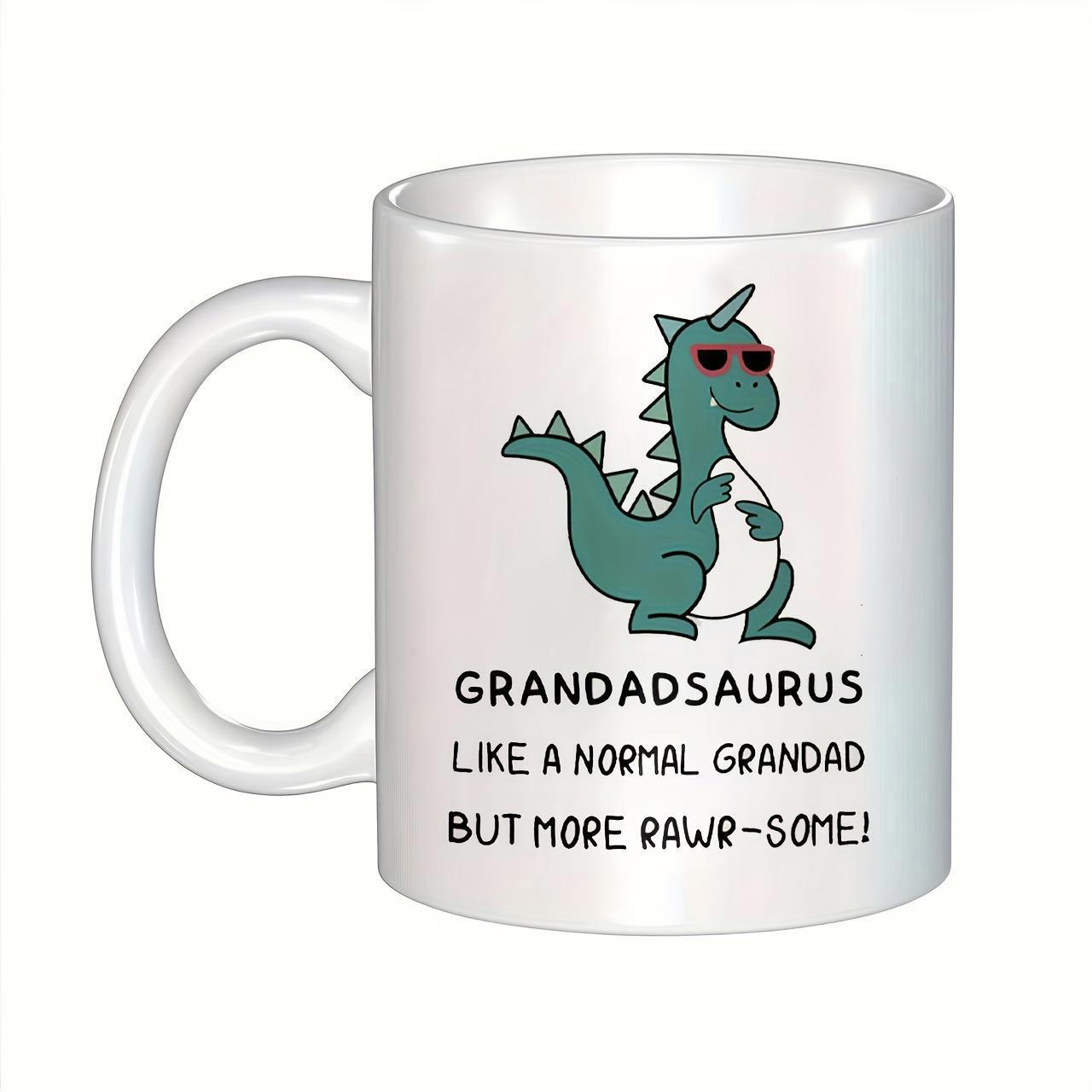 Tailorly White Ceramic 11 oz Mug - Grandadsaurus Like A Normal Grandad But More Rawrsome Cartoonish Green Prehistoric Creature Wearing Cool Red Sunglasses With