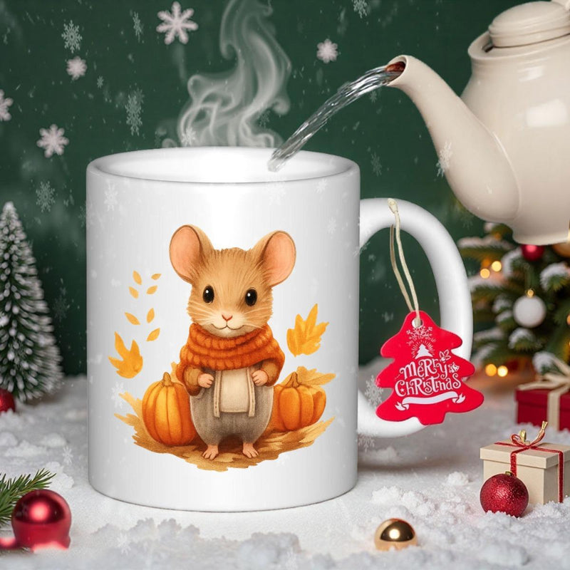 Tailorly White Ceramic 11 oz Mug - Merry Christmas Cozy Tiny Creature Wearing Knitted Orange Sweater Among Autumn Pumpkins Mouse