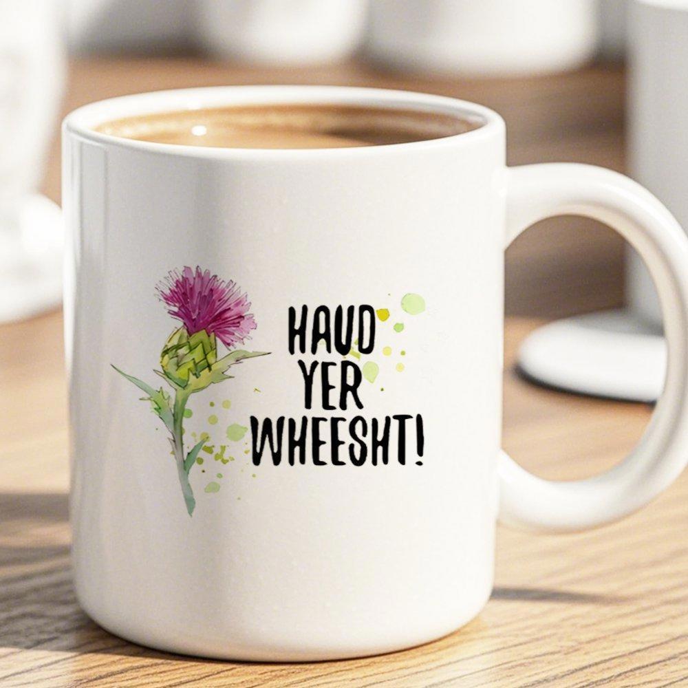 Tailorly White Ceramic 11 oz Mug - Haud Yer Wheesht Elegant Vibrant Purple Thistle Flower With Green Leaves And Slender Stems Thistle