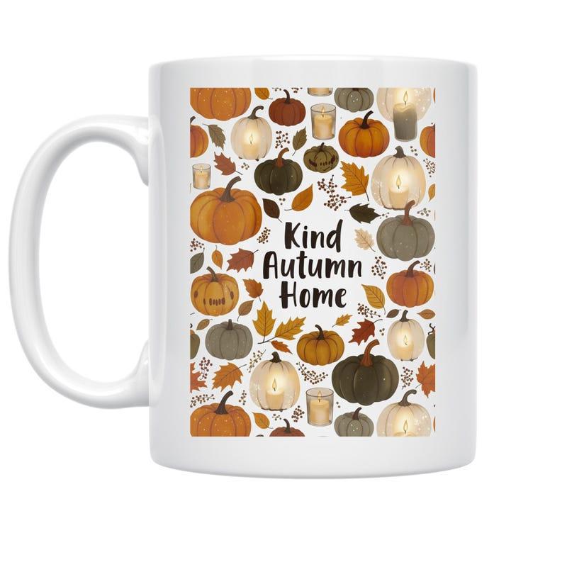 Tailorly White Ceramic 11 oz Mug - Kind Autumn Home Diverse Decorative Harvest Pumpkins And Colorful Fallen Leaves Scattered Patterned Pumpkin