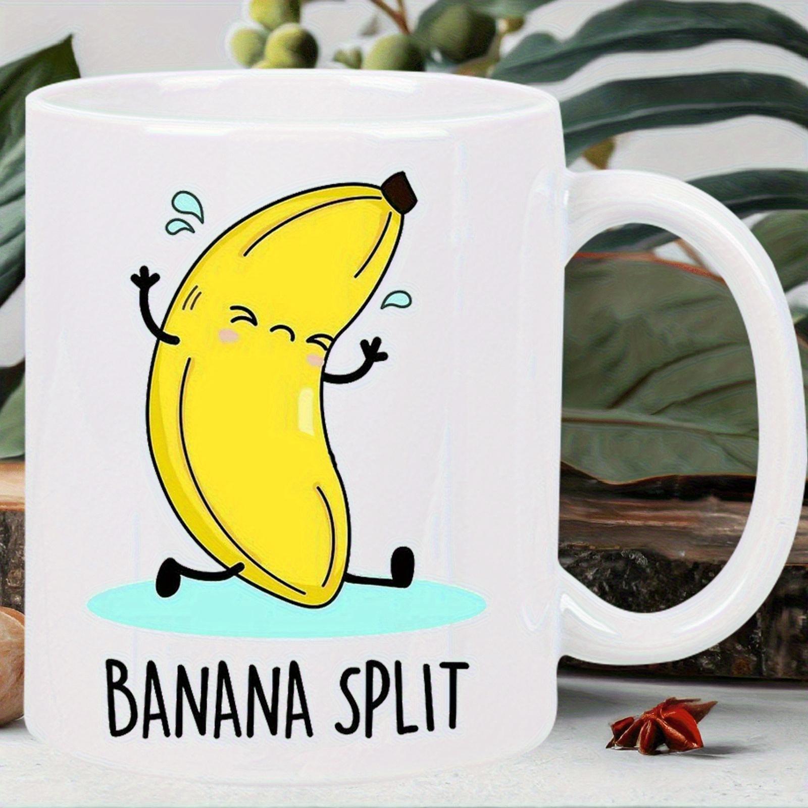 Tailorly White Ceramic 11 oz Mug - Banana Split Cheerful Yellow Fruit Character Doing Splits Above Blue Water Puddle Banana