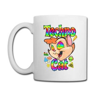 Tailorly White Ceramic 11 oz Mug - Techno Cat Vibrant Psychedelic Cartoon Style Featuring Rainbow Colors And Floating Icons Cat