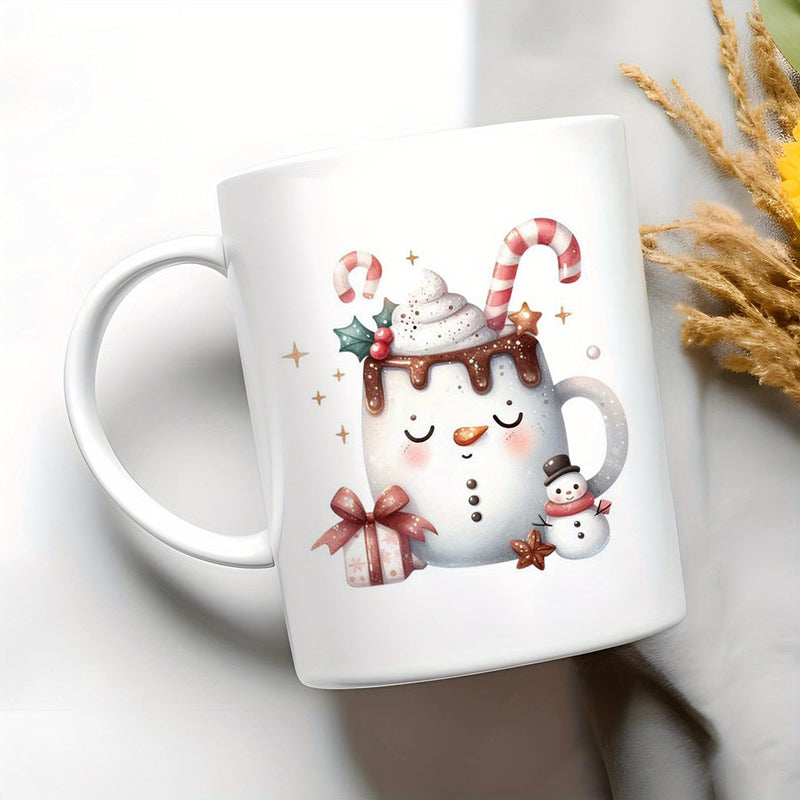 Tailorly White Ceramic 11 oz Mug - Festive Watercolor Winter Scene Featuring Sweet Treats And A Smiling Snowman