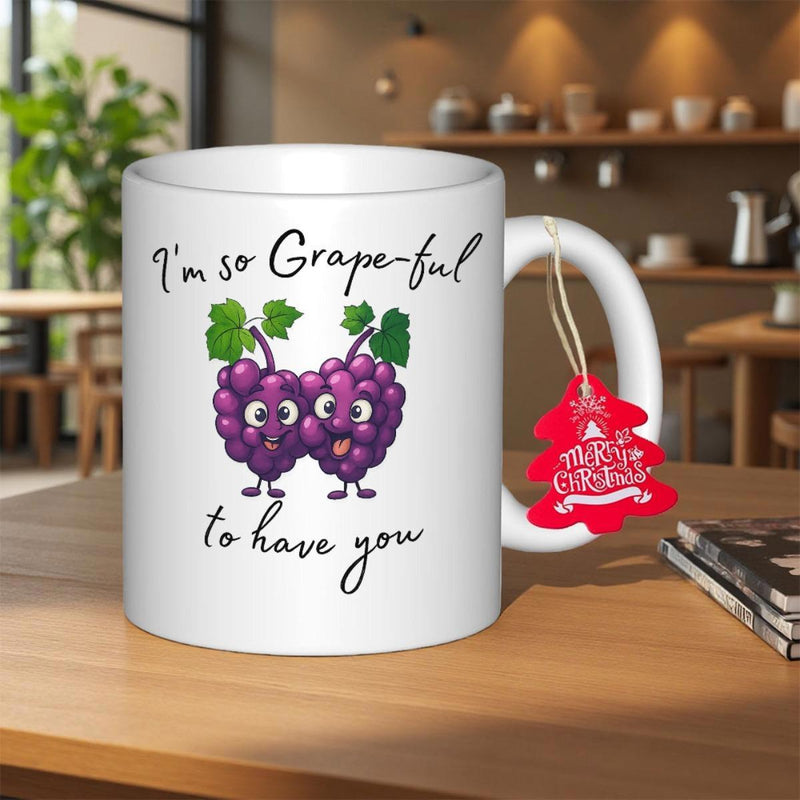 Tailorly White Ceramic 11 oz Mug - Im So Grapeful To Have You Two Cute Purple Cartoon Grapes Holding Hands Smiling With Green Leaves Mug