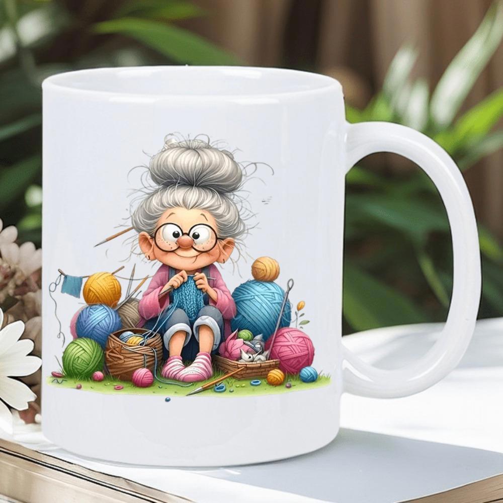 Tailorly White Ceramic 11 oz Mug - Cute Cartoon Character Knitting Among Vibrant Colorful Balls Of Soft Yarn Grandmother