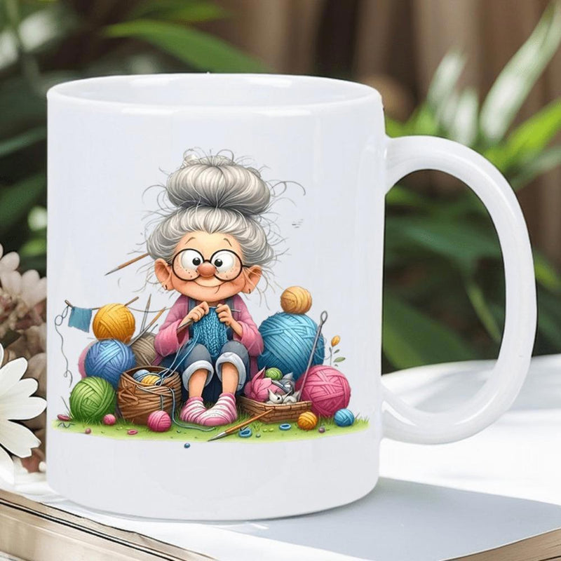 Tailorly White Ceramic 11 oz Mug - Cute Cartoon Character Knitting Among Vibrant Colorful Balls Of Soft Yarn Grandmother