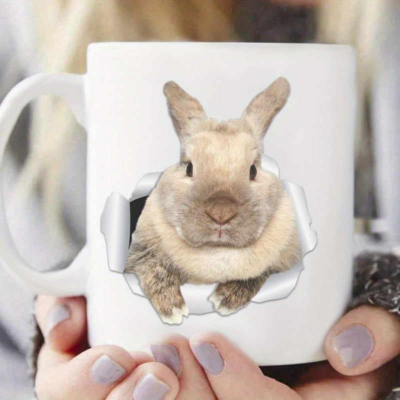 Tailorly White Ceramic 11 oz Mug - Adorable Brown Fluffy Animal Peeking Through A Torn Hole Effect Rabbit