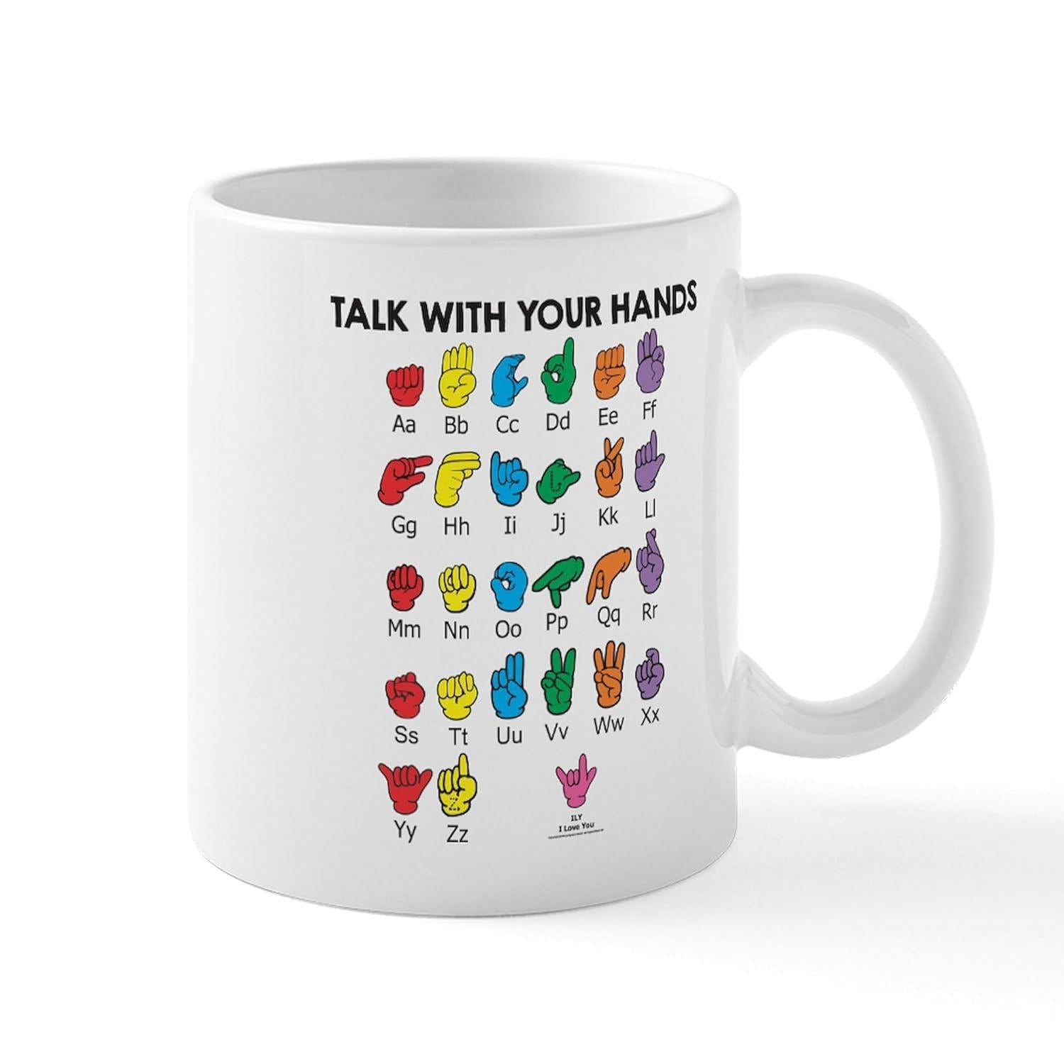 Tailorly White Ceramic 11 oz Mug - Talk With Your Hands Colorful Educational Sign Language Alphabet Gestures Arranged In Grid Chart