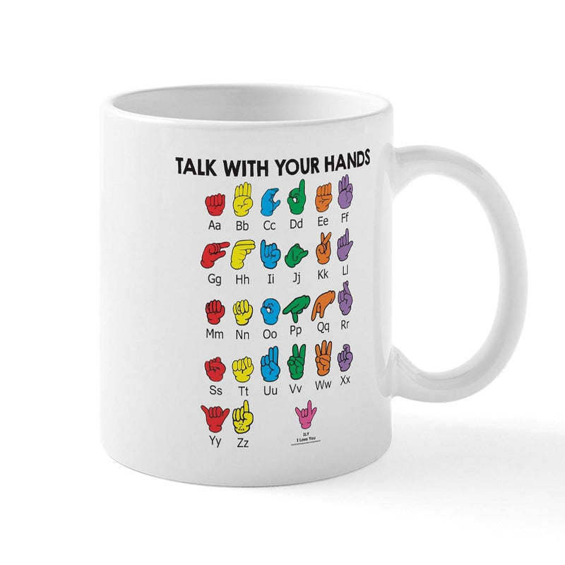 Tailorly White Ceramic 11 oz Mug - Talk With Your Hands Colorful Educational Sign Language Alphabet Gestures Arranged In Grid Chart
